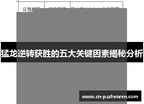 猛龙逆转获胜的五大关键因素揭秘分析