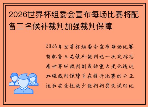 2026世界杯组委会宣布每场比赛将配备三名候补裁判加强裁判保障